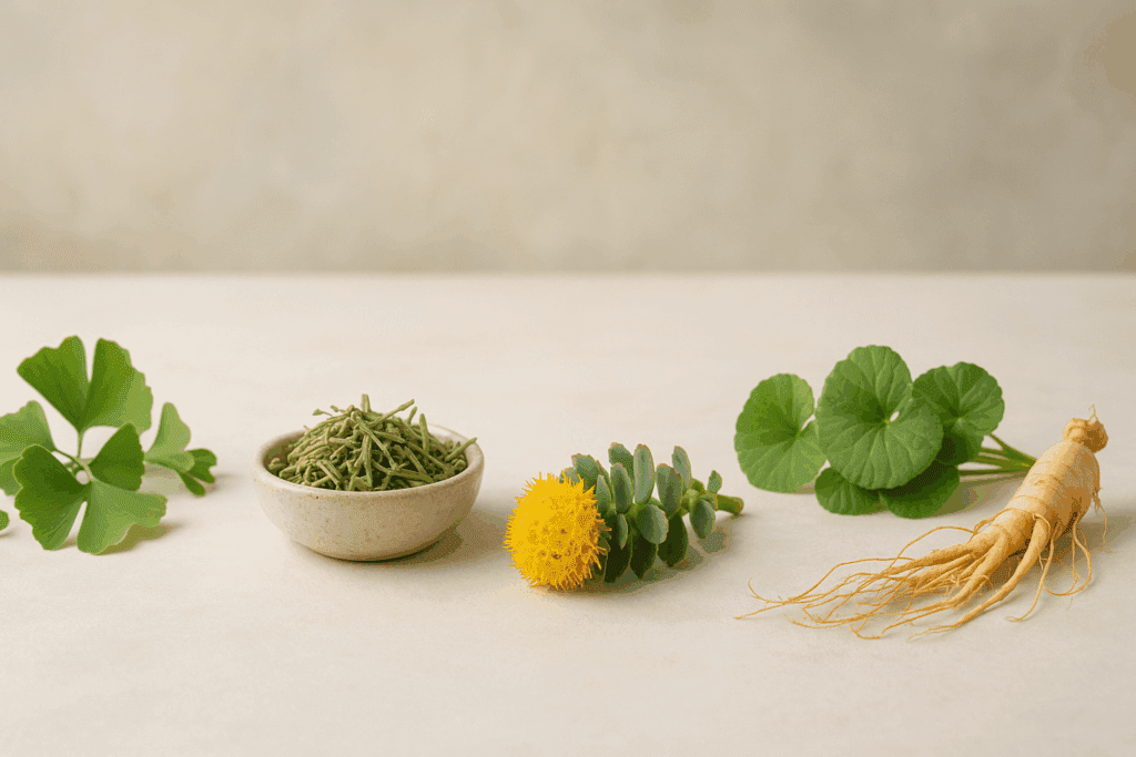 Collection of top herbs like Ginkgo and Rhodiola arranged visually to showcase the best herb for ADHD.