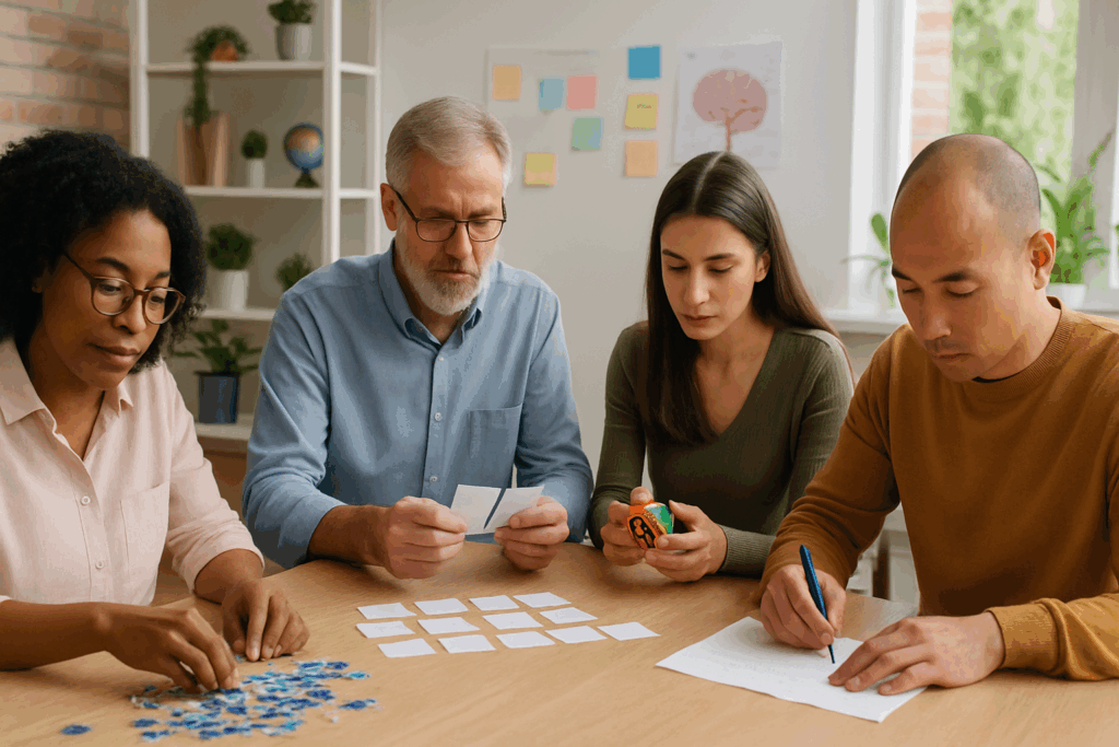 Adults solving puzzles and memory games in a learning center, reinforcing how brain exercises relate to the meaning of forgetfulness.