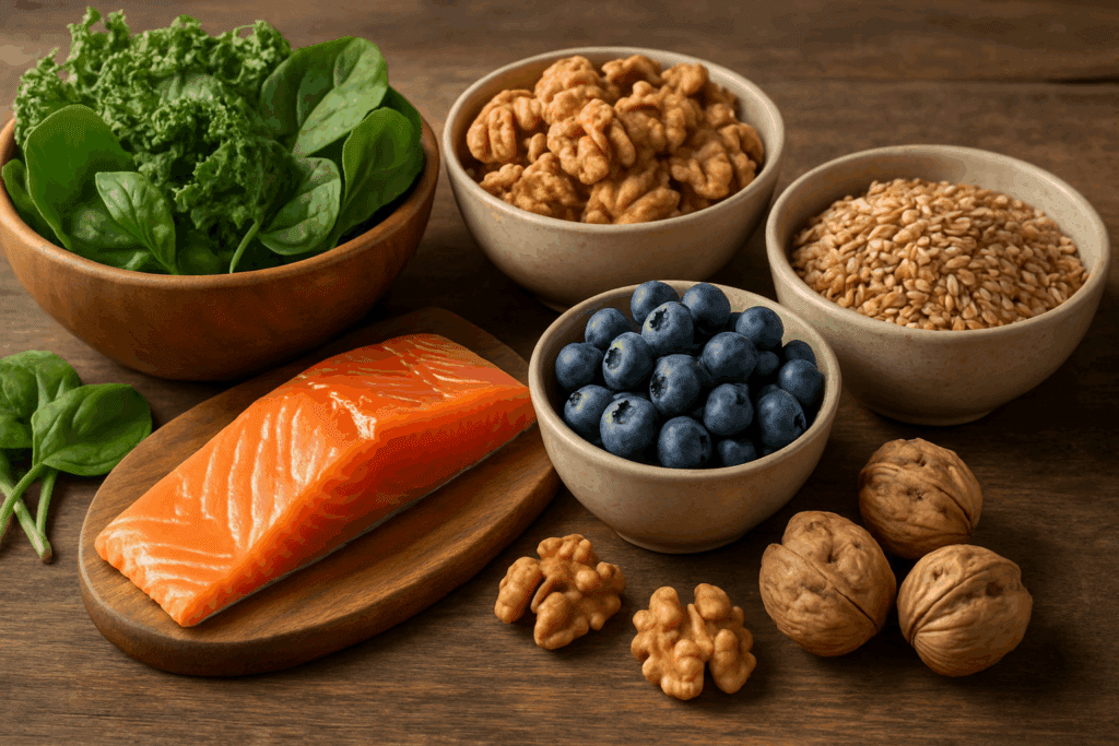 Healthy brain-boosting foods like salmon, blueberries, and leafy greens arranged to support anxiety and memory loss in elderly adults.