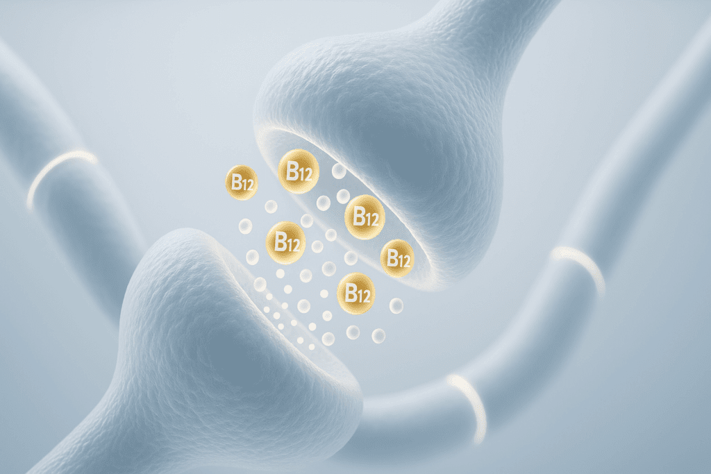 Diagram of neurotransmitters firing between brain synapses, exploring how vitamin B12 functionally supports cognition in the context of does vitamin B12 help with memory.