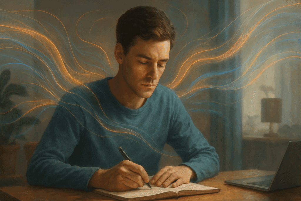 Man in deep focus at a desk, surrounded by glowing waves of energy in a calm workspace, visualizing effects described in Mindhoney Reviews.