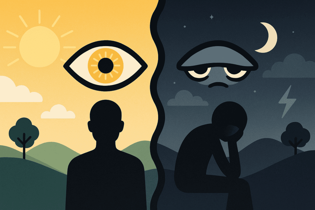 Split-scene showing benefits and side effects of ADHD meds, raising the nuanced consideration: does ADHD medication help with memory long-term