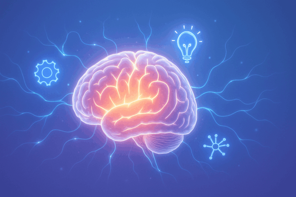Glowing human brain surrounded by radiant neural pathways and icons symbolizing memory, clarity, and focus—conceptual art for ageless brain supplements.