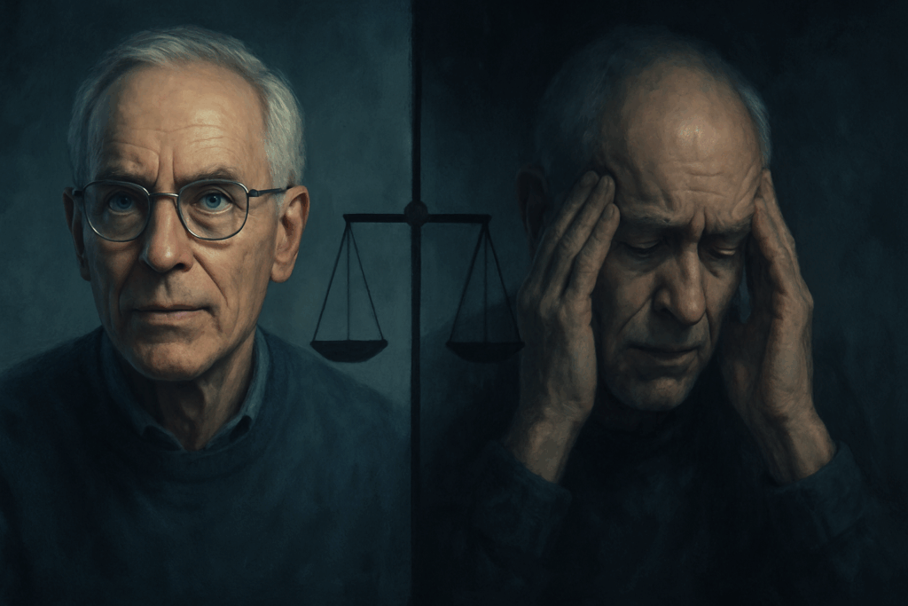 Split-screen concept art of a senior man appearing focused on one side and anxious on the other, symbolizing ethical questions around multivitamins for seniors.