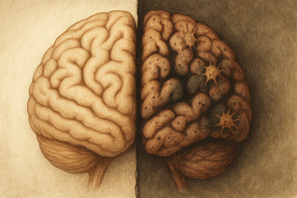Comparison of healthy brain neurons and aged neurons, explaining biological changes in how age affects memory.