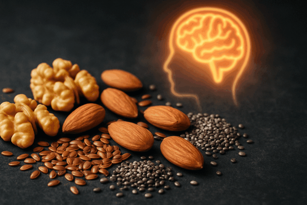 Assorted walnuts, almonds, flaxseeds, and chia seeds on a dark background, featured as top five foods for brain function