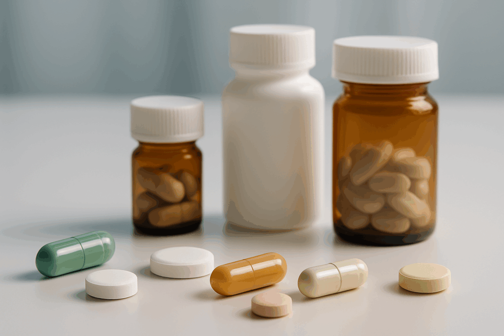 "Assortment of pills and capsules labeled as amnesia medication on a white background"