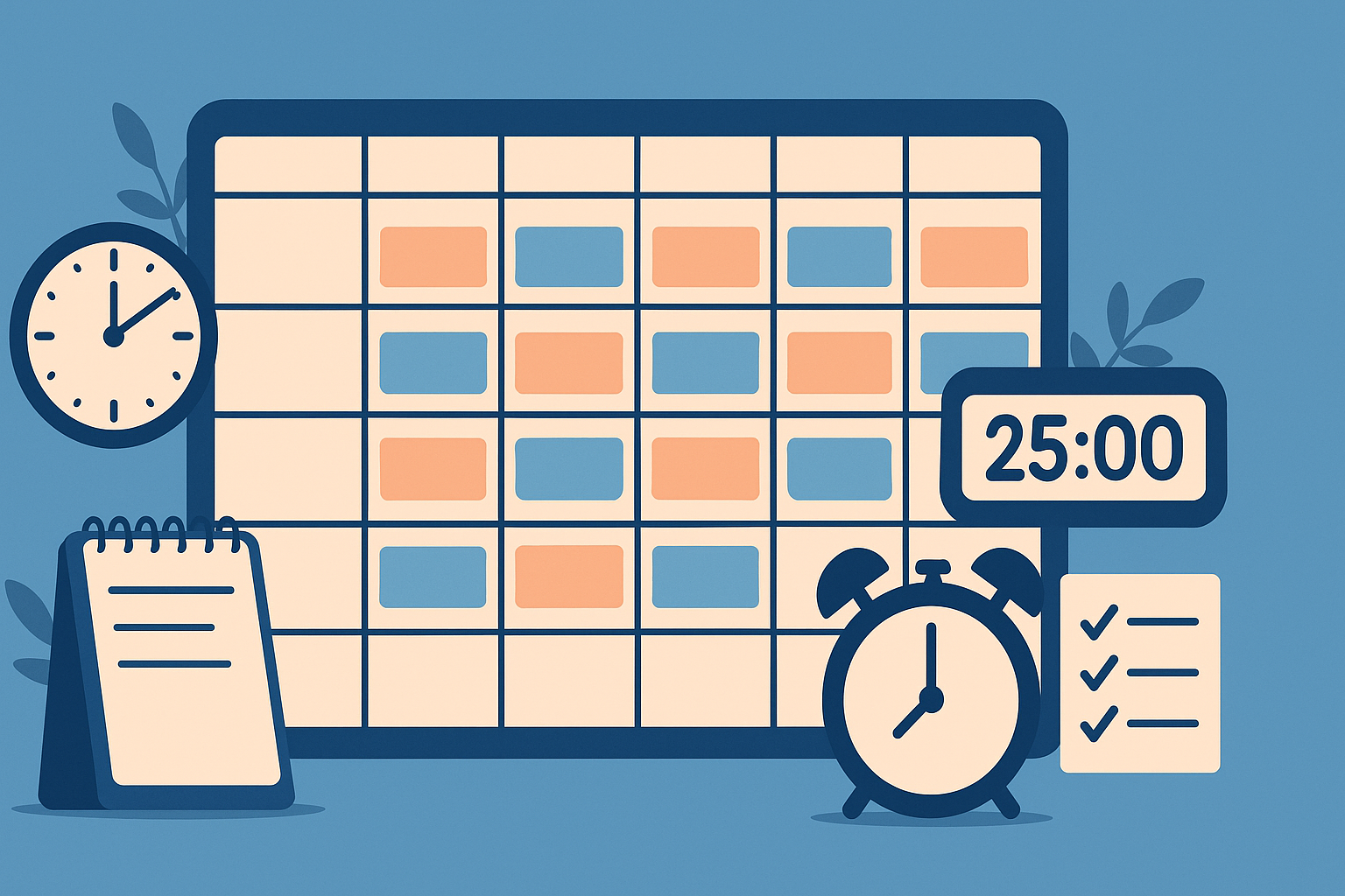Organized study calendar and timer setup showing spaced sessions and breaks, demonstrating the best study methods to retain information