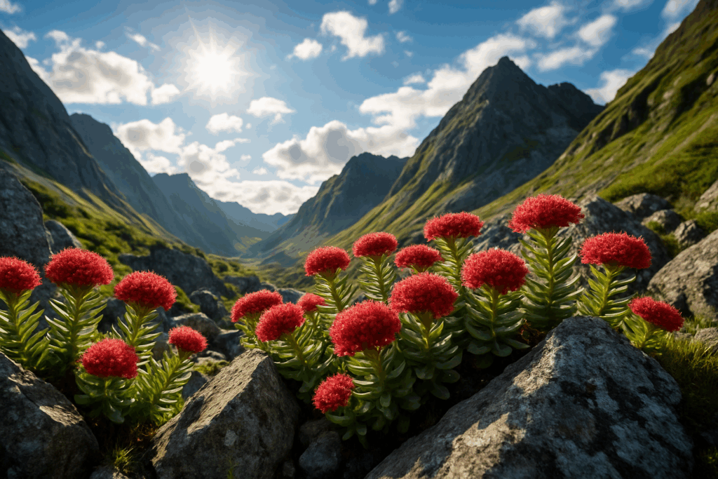 "Blooming Rhodiola rosea flowers on resilient mountain terrain, representing stress support from Top Herbs for ADHD in Women"