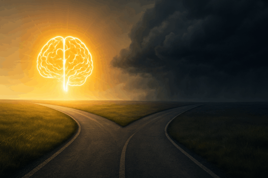 Forked road with one path leading to a glowing brain under golden skies and the other into dark storm clouds, symbolizing the ethical controversy of NewMind Nootropics.