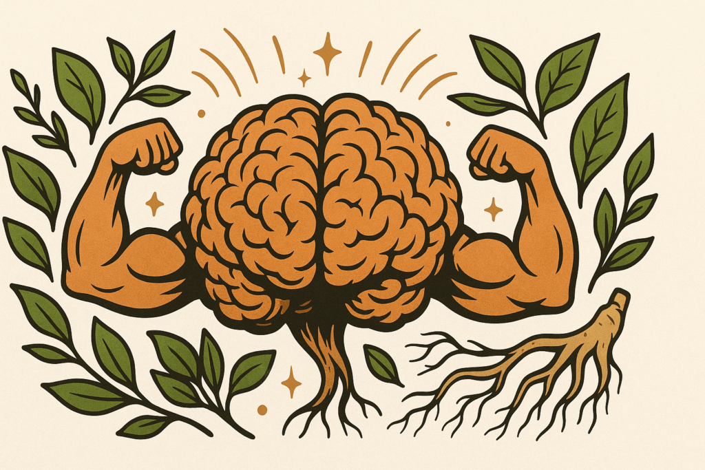 Strong brain with flexed muscles surrounded by leaves and roots, symbolizing natural over-the-counter performance enhancers.