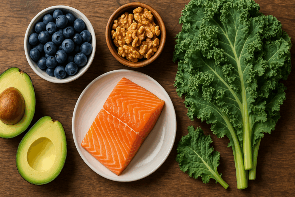 Colorful display of salmon, avocado, and blueberries showcasing Strategic Decision Making Examples for cognitive and nerve health