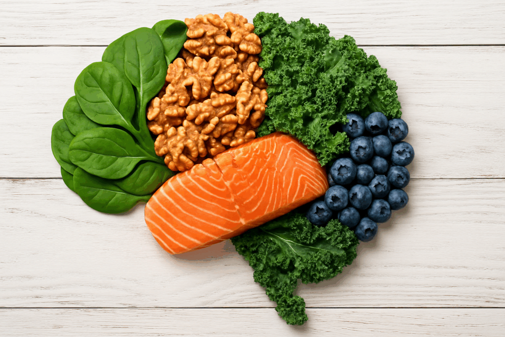 Close-up of natural ingredients like ginkgo biloba, spinach, and almonds supporting brain function to define decision making skills