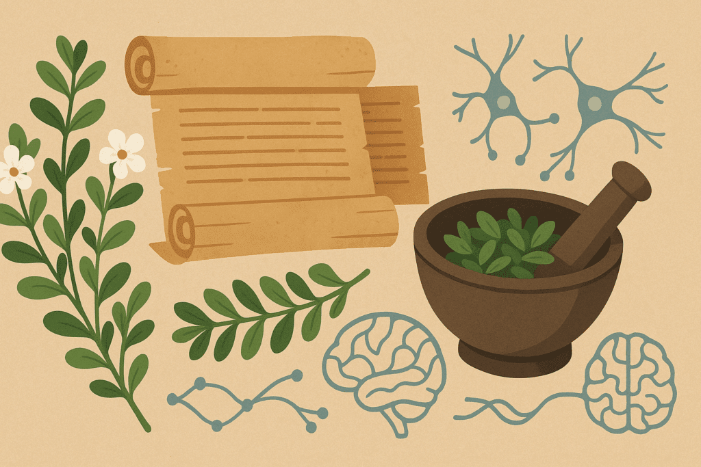 Traditional Ayurvedic herbs and scrolls featuring Bacopa monnieri, among the best herbs for ADHD and memory