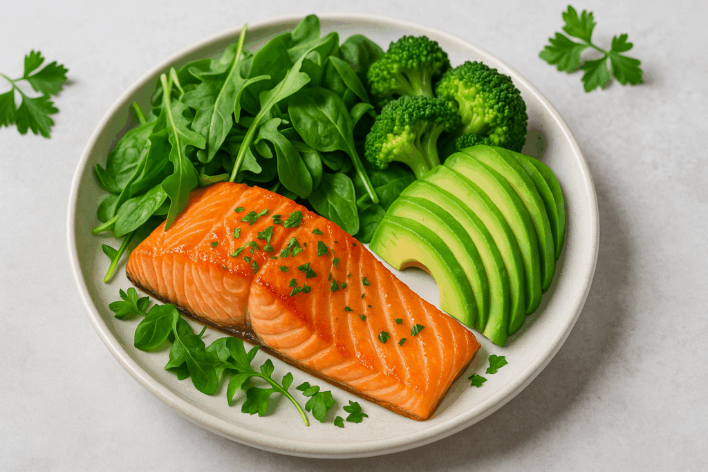 Fresh salmon fillet with spinach, avocado, and green tea emphasizing top natural foods that may support critical decision making in critical thinking.