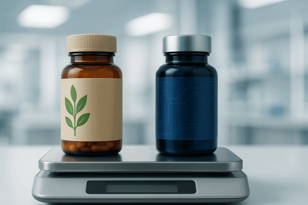 RediMind vs Alpha Brain supplements compared on a digital lab scale, with natural and tech-themed bottles in clinical setting