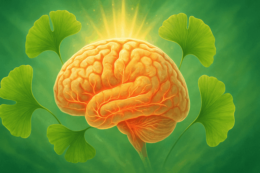Ginkgo biloba leaves encircling a human brain with enhanced blood flow to support the best herb for ADHD and clarity.