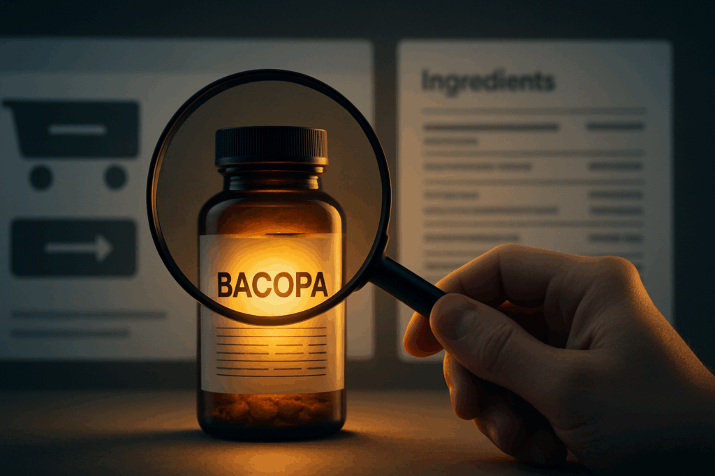 "Common Pitfalls to Avoid When Buying Bacopa Monnieri: A hand holding a magnifying glass over a Bacopa bottle, representing the importance of reviewing Bacopa product labels and user feedback."
