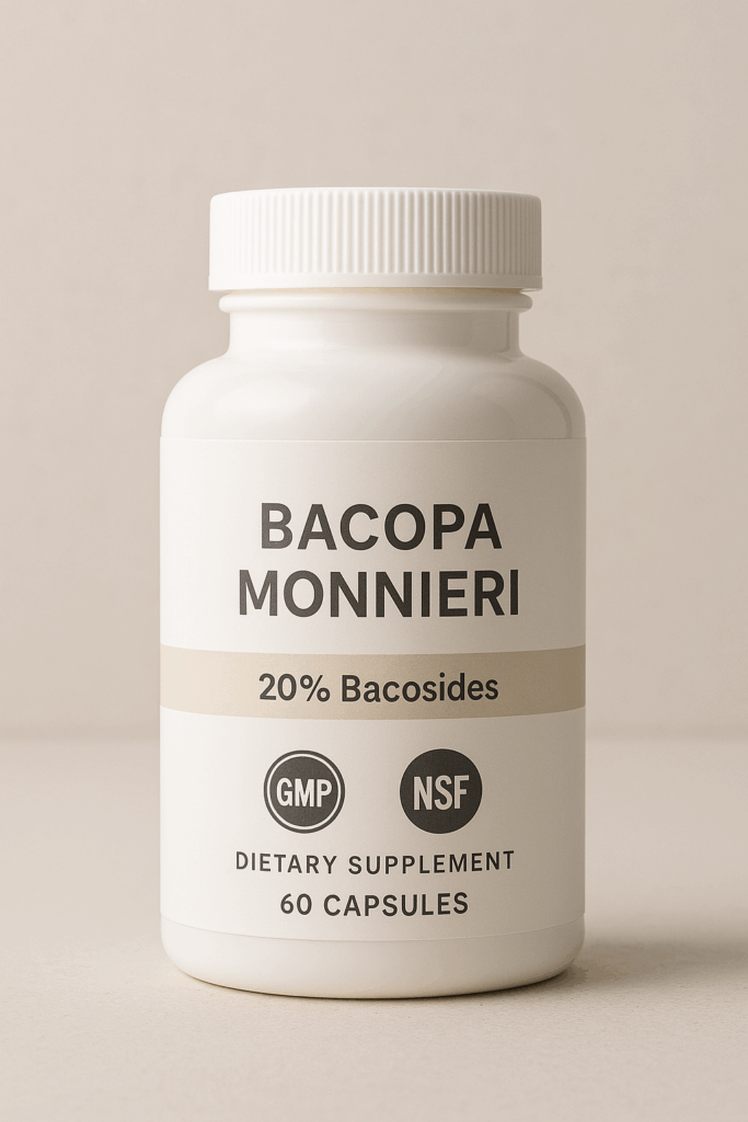 "Supplement bottle of Bacopa monnieri with visible bacoside percentage and certifications, guiding consumers on where to buy Bacopa monnieri with confidence."