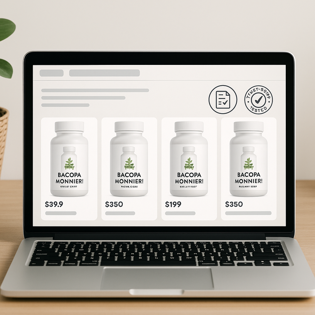 "Where to buy Bacopa Monnieri – A reputable online store with Bacopa Monnieri supplements displayed, emphasizing transparency and product quality."