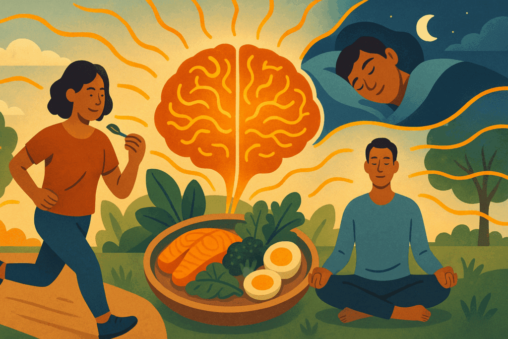 Healthy lifestyle collage with exercise, sleep, nutrition, and meditation boosting the effects of vitamin B for brain function