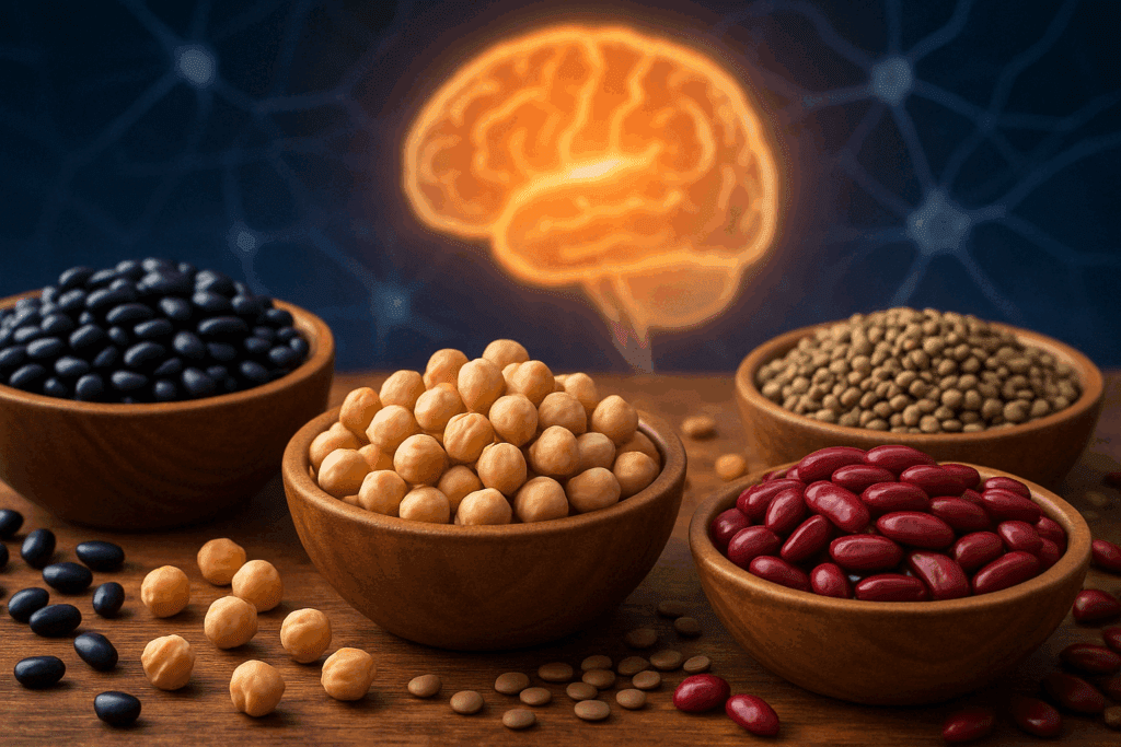 Flat-lay of brain-boosting foods and supplements including beans, leafy greens, and the best herb for ADHD on a wooden table.