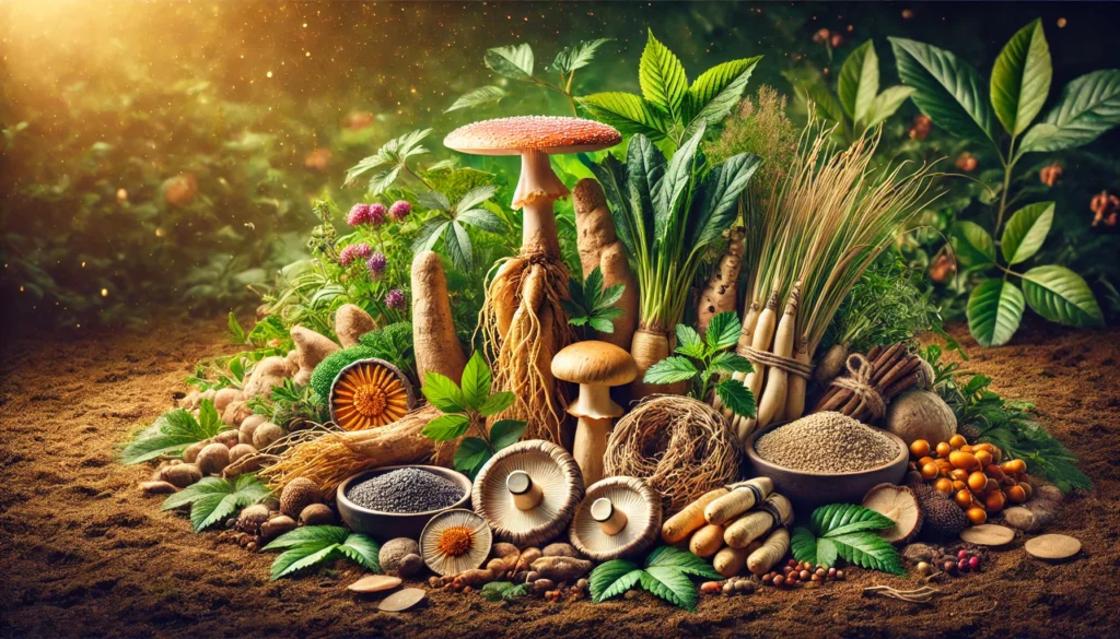 Panax ginseng, Maca root, and Cordyceps mushrooms in a vibrant natural setting, representing their energizing and stamina-boosting benefits for both body and mind."