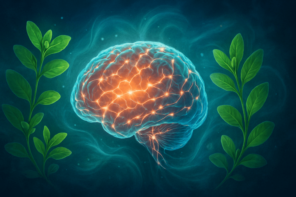 Illustration of the human brain surrounded by glowing neural pathways and bacopa monnieri plant leaves.