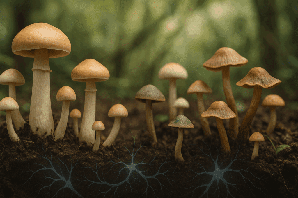 Close-up of psilocybin molecules interacting with serotonin receptors to stimulate synaptic growth and psilocybin neurogenesis