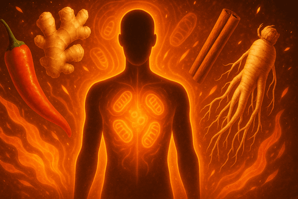 Thermogenic herbs like ginger and cayenne activating metabolism as part of proven herbal remedies for fat absorption.