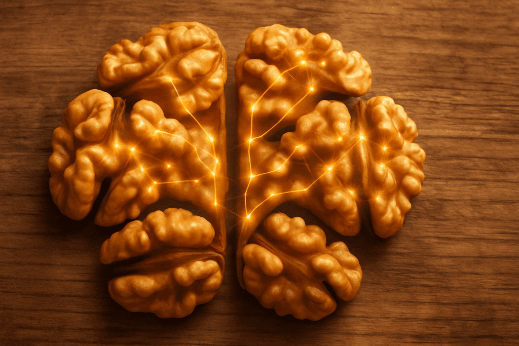 Close-up of walnuts resembling a human brain, supporting research into are nuts good for brain health