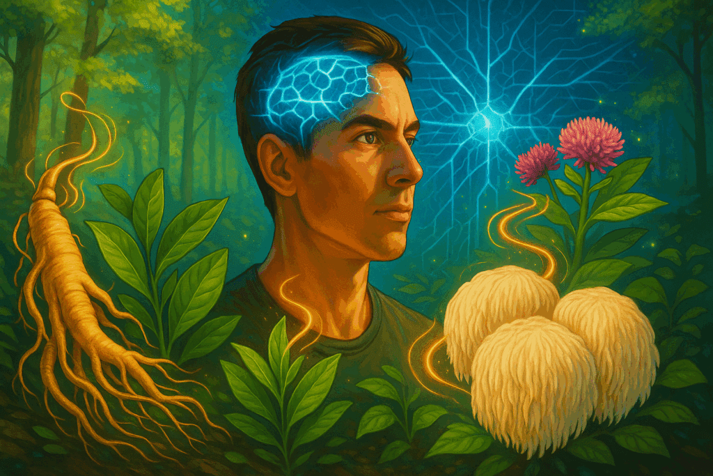 Person surrounded by herbs like ginseng, Rhodiola, and lion’s mane symbolizing natural stimulants for focus and energy in a forest-to-neural network setting