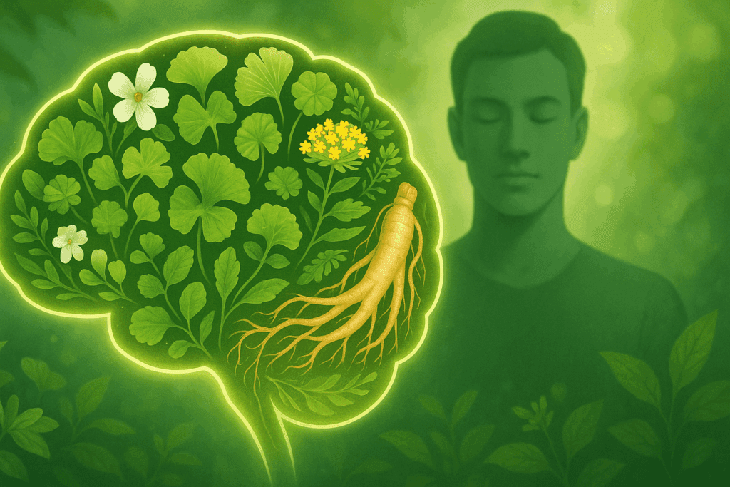 "Herbal illustration showing natural brain-boosting plants like Bacopa and Ginkgo used as the best herb for ADHD