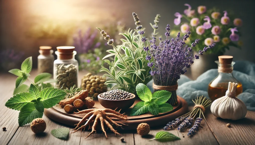 ALT text: "A collection of science-backed herbs for mental health including ashwagandha, lavender, rhodiola, and lemon balm, arranged on a wooden table, symbolizing their emotional wellness benefits."