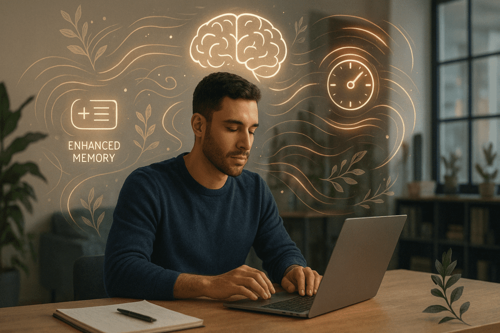 Focused person working calmly with symbols representing the cognitive benefits of Ashwagandha and Bacopa together