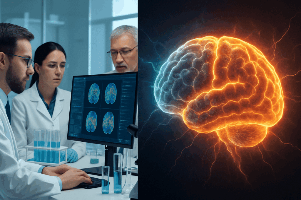 "Split-screen showing scientists analyzing brain scans in a lab beside a glowing digital brain, visualizing how Alpha Brain may support better decision-making."