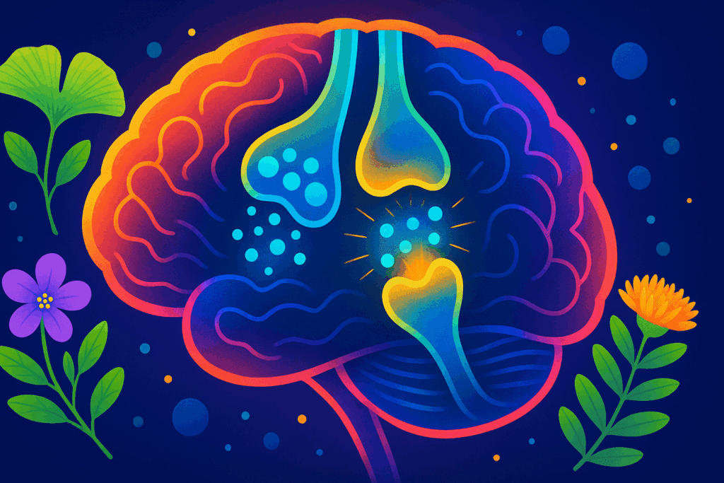 Illustration of natural herbs like ginkgo, bacopa, and rhodiola surrounding a glowing brain to represent the best herb for ADHD