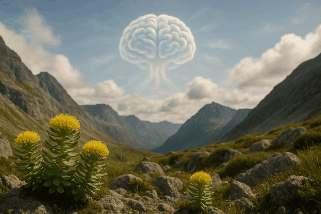 "Rhodiola Rosea growing in a mountain setting with a mental focus visual, representing its potential as the best herb for ADHD"