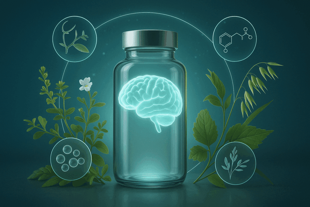 "Futuristic glass supplement bottle with glowing brain surrounded by Cat’s Claw, Resveratrol, Bacopa Monnieri, and Oat Straw, symbolizing transparency in Noocube vs Alpha Brain comparison"