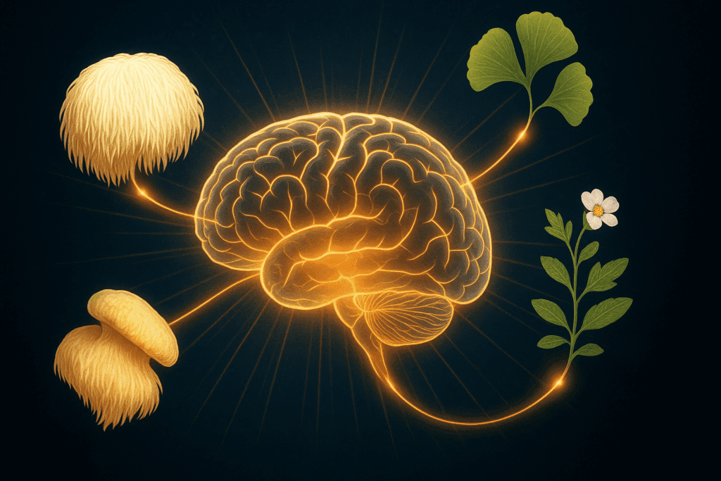 Lion’s Mane, Reishi, and Cordyceps mushrooms combined with adaptogenic herbs in a natural setting highlighting the Best Herbs for Brain and Nervous System Health