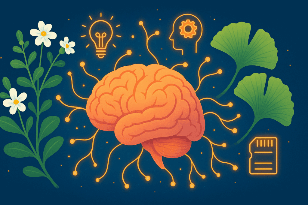 Visual of Bacopa and Ginkgo biloba enhancing memory and focus, highlighting the best herbs for brain and nervous system health