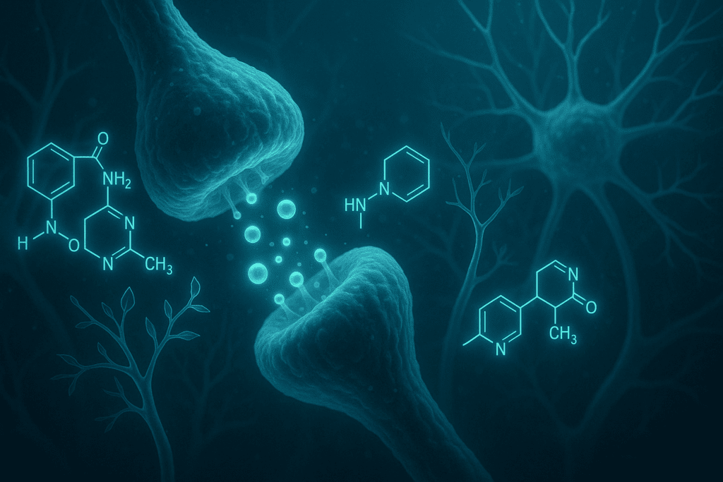 Molecular structures of a new Alzheimer medication interacting with neuron receptors, highlighting neurogenesis and synaptic regeneration in a glowing blue-green neural network.