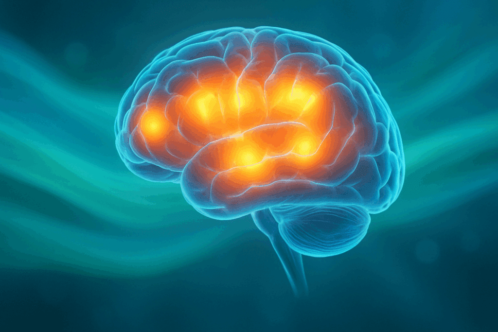 Digital illustration of a glowing human brain with attention zones activated, symbolizing focus and ADHD relief, supporting the question: Do Apetropics Smart Drops Really Work