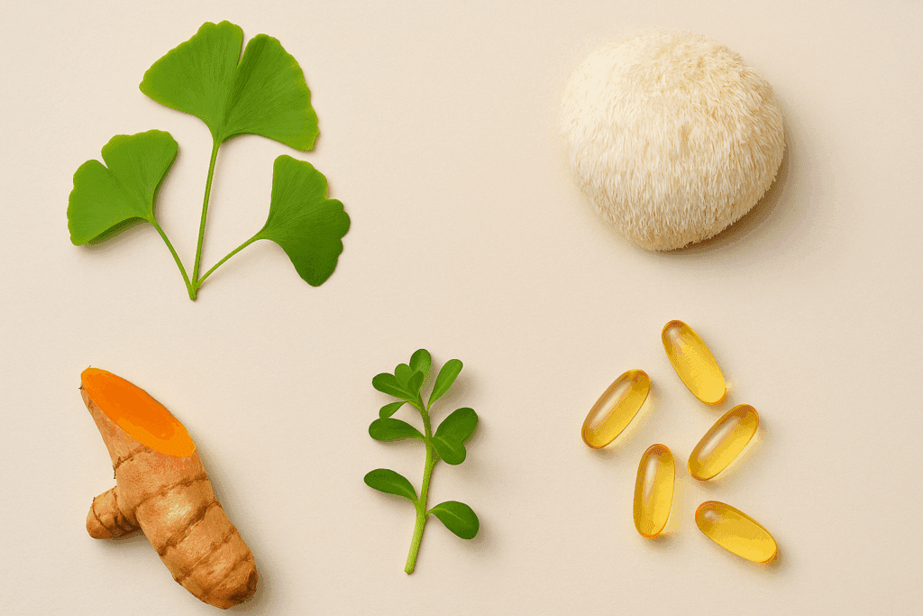 Nutrition-packed ingredients used in the best gummies for brain health, including walnuts, salmon, leafy greens, and berries.