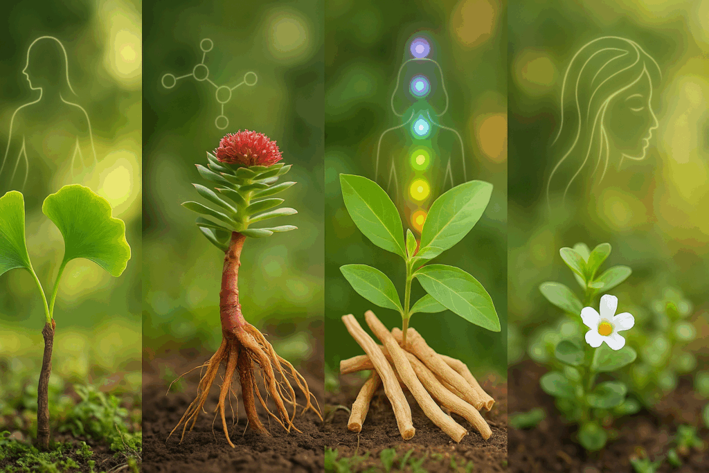 Herbal lineup including Ginkgo biloba, Rhodiola rosea, and Ashwagandha as alternatives to the best herb for ADHD in women