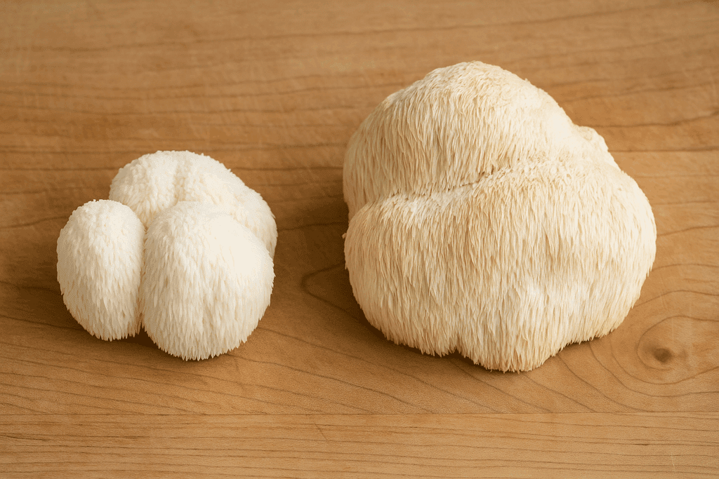 "Side-by-side view of young Lion’s Mane mushroom and mature version showing differences in texture and density"