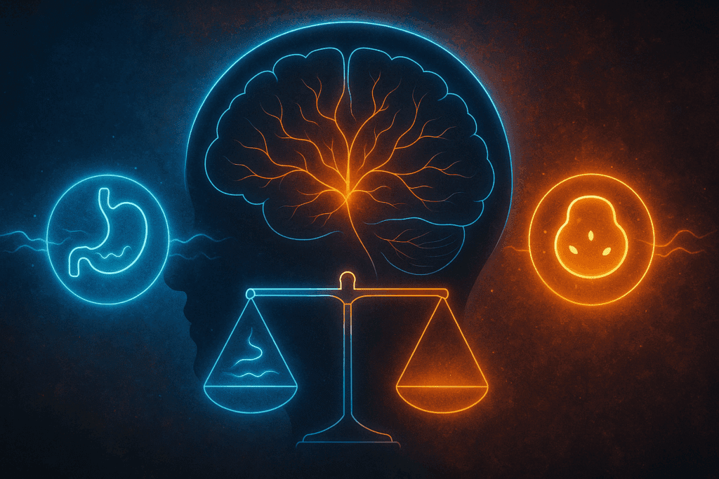 Conceptual illustration of inflamed fat cells and metabolic pathways linked to Reishi mushroom weight loss benefits.