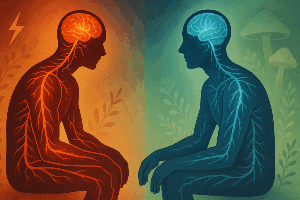 Scientific visualization of the brain in a relaxed state, surrounded by calming elements and reishi mushroom for sleep compounds
