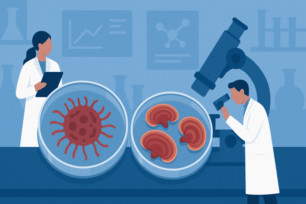 Scientists analyzing cancer cells and reishi extracts in lab to uncover findings from a reishi mushroom cancer study