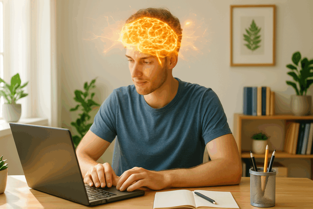 Focused individual working at a desk with glowing neural patterns around the head, symbolizing enhanced mental clarity in this Real Mushrooms Lion’s Mane review.